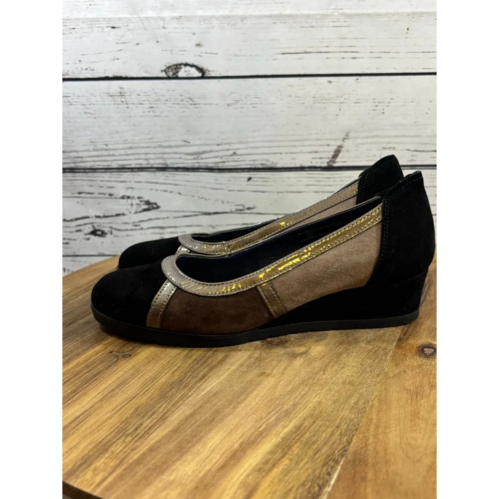 Women's Sabrinas Black Beige Suede Wedge Shoes Size 7.5